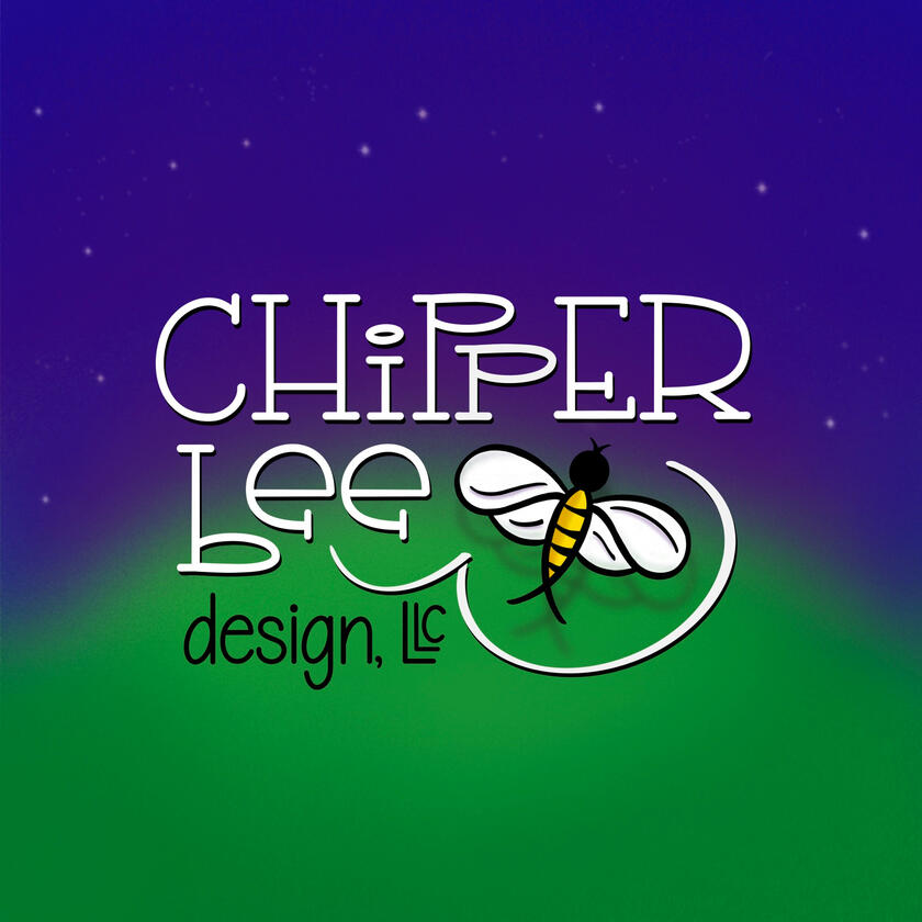Chipper Bee logo with text: Chipper bee design, LLC with a bee and swirl on purple and green