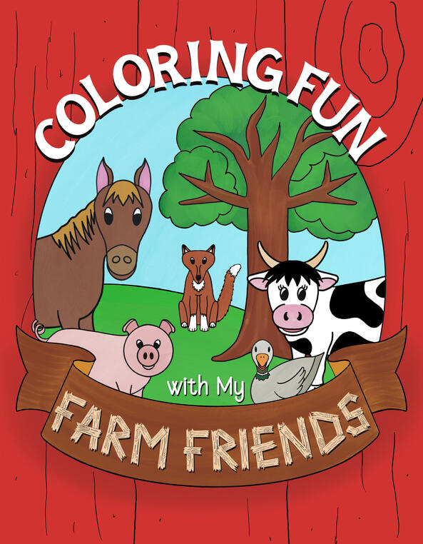 Book cover with Text: Coloring Fun with my Farm Friends on red background, animal illustrations